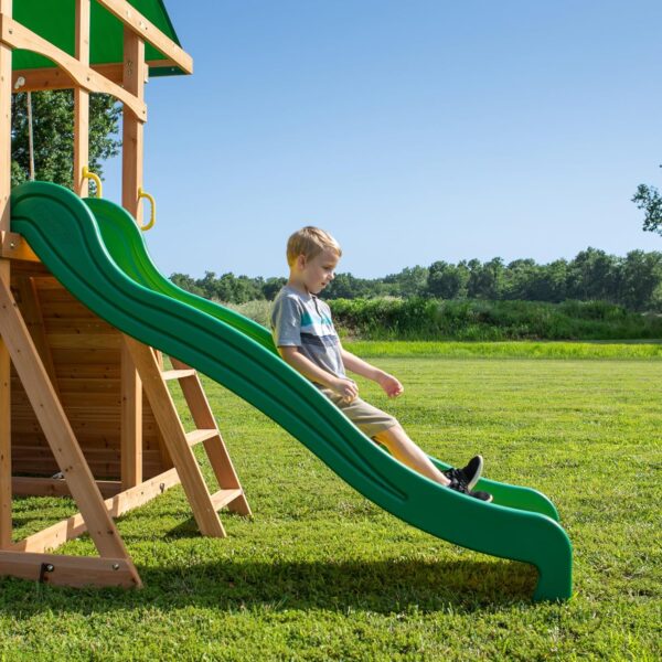 Mount Mckinley Cedar Wood Swing Set with Wave Slide, Play Deck, Double Rock Wall, Rope Ladder, Web Swing, Belt Swings, Toy Telescope, Steering Wheel, Sandbox Area, Outdoor Playset - Image 9