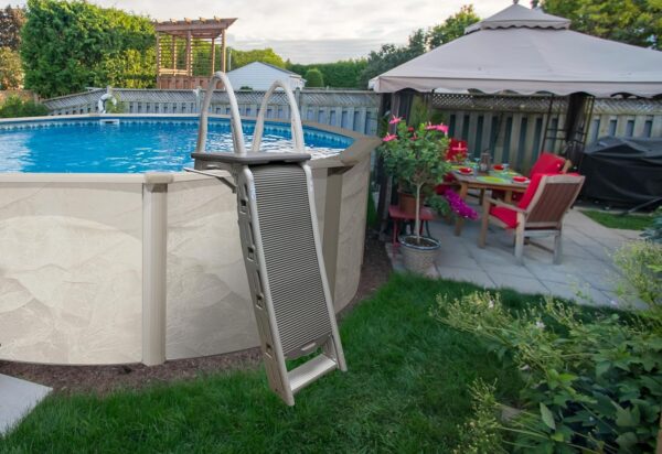 Confer Plastics 7200 Roll Guard 48" to 56" Adjustable A Frame Safety Ladder for Above Ground Outdoor Patio Swimming Pool Platform Ladder with Step Barrier, Warm Grey… - Image 4
