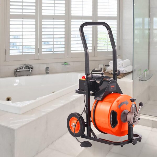 Drain Cleaner Machine 100FT x 1/2Inch, Auto Feed Sewer Snake Auger with 4 Cutter & Air-activated Foot Switch for 1" to 4" Pipes, Orange, Black - Image 22