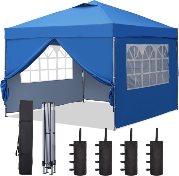 10x10 Pop Up Canopy Tent, Outdoor Canopy Tent, Patio Tent,Commercial Instant Gazebos,4 Sidewalls, Portable Shelter Canopies, with 4 sandbags, Blue.