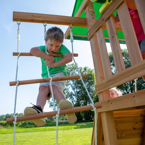Mount Mckinley Cedar Wood Swing Set with Wave Slide, Play Deck, Double Rock Wall, Rope Ladder, Web Swing, Belt Swings, Toy Telescope, Steering Wheel, Sandbox Area, Outdoor Playset - Image 6
