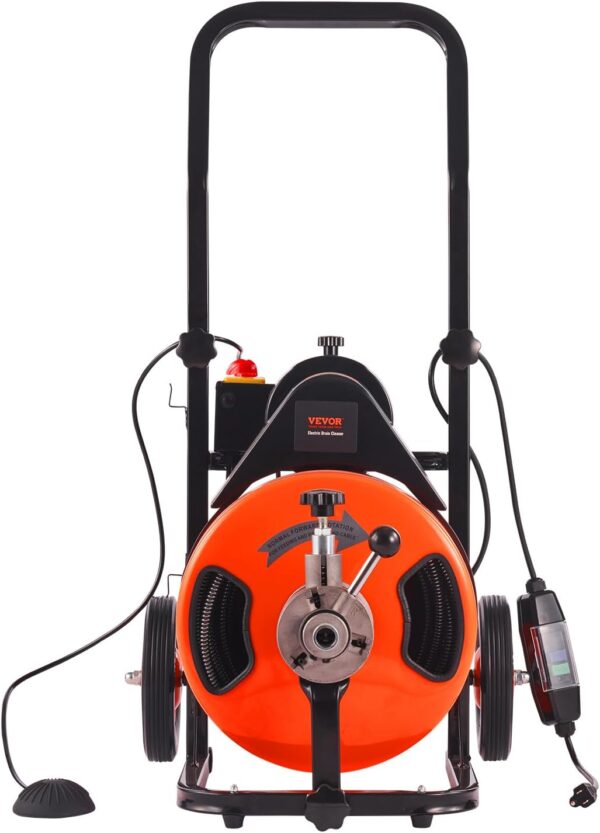 Drain Cleaner Machine 100FT x 1/2Inch, Auto Feed Sewer Snake Auger with 4 Cutter & Air-activated Foot Switch for 1" to 4" Pipes, Orange, Black - Image 25