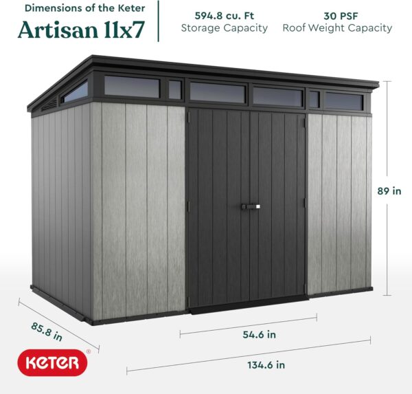 Keter Artisan 11x7 Modern Resin Outdoor Storage Shed Kit-Perfect to Store Patio Furniture, Garden Tools Bike Accessories, Beach Chairs and Lawn Mower, Grey & Black - Image 8