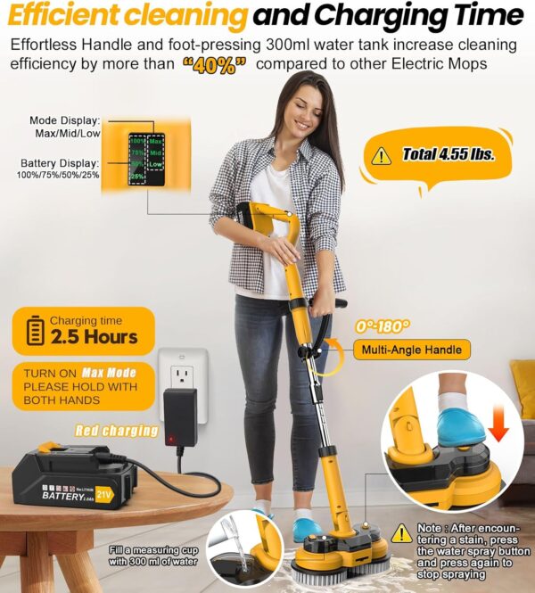 6000mAh Battery Electric Mop M1, 800RPM Cordless Electric Power Scrubber & Mops for Floor Cleaning, Best Automatic Spin Mops with Smart Display,Rotating Mop with LED Light & Water Spray-qimedo - Image 5