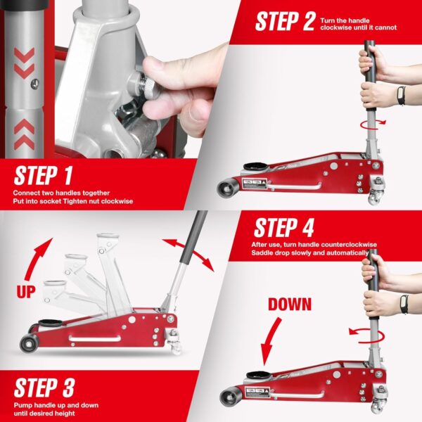 3 Ton Low Profile, Aluminum and Steel Racing Floor Jack with Dual Pistons Quick Lift Pump for Sport Utility Vehicle, Lifting Range 3-15/16" min to 18-5/16" max, Red - Image 3