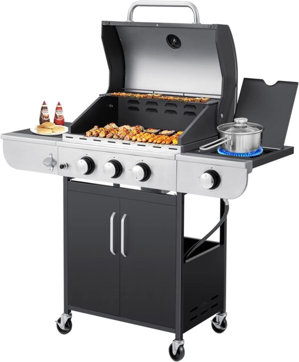 Upgraded 4 Burner BBQ Propane Gas Grill with Cast Iron Grates & Side Stove, 44,000 BTU Stainless Steel Burner Barbecue Grill for Patio, Camping, Outdoor Cooking MELLCOM - Image 13