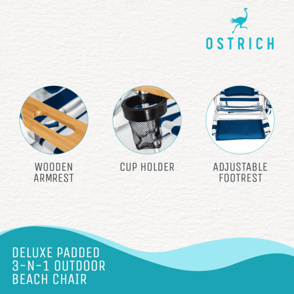 Ostrich Deluxe 3N1 Outdoor Lawn Beach Lounge Chair with Footrest, Blue Stripe - Image 5