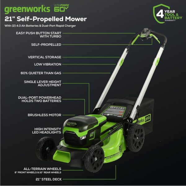 60V 21” Cordless (Self-Propelled) Lawn Mower . 2 x 4.0Ah Batteries and Dual Port Rapid Charger - Image 3