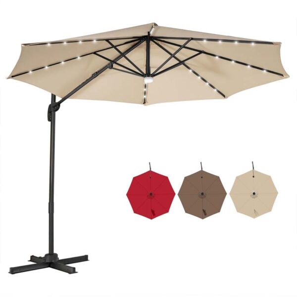 10 FT Cantilever Offset Patio Umbrella 28 Solar LED Lighted Market Umbrella with 3-Tilt Position, Crossed Base - Image 4