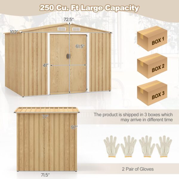 8' x 6' Woodgrain Outdoor Storage Shed, Galvanized Metal Tool House Organizer w/Base Floor, 4 Vents - Image 7