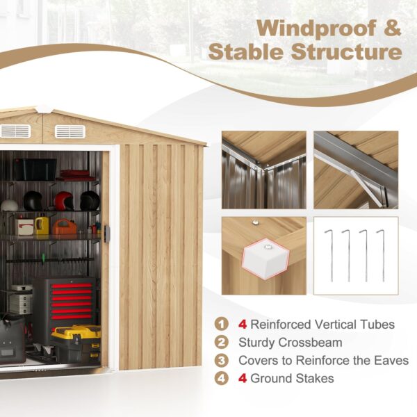8' x 6' Woodgrain Outdoor Storage Shed, Galvanized Metal Tool House Organizer w/Base Floor, 4 Vents - Image 5