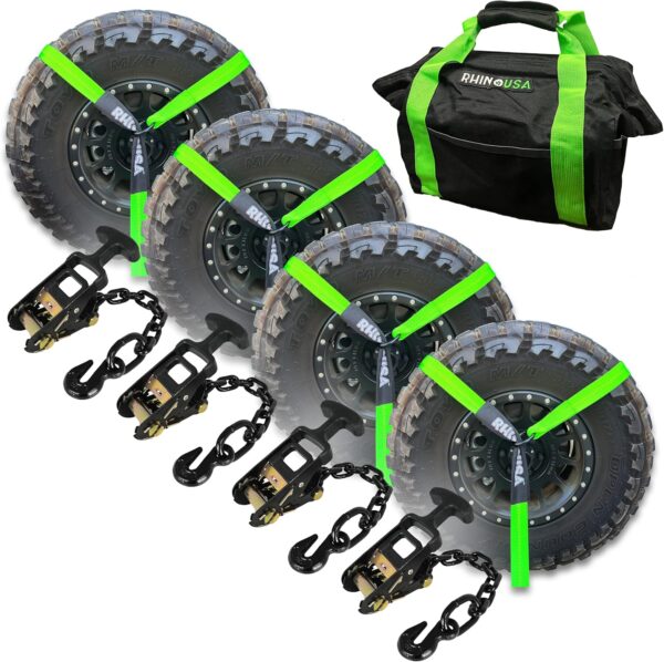 Down Straps for Trailers with Flat Hooks (4-Pack) - 2 Inch x 8 Feet (10,000lb Break Strength) - Heavy Duty T-Handle Car Lasso Tire Straps for Trailer & UTV - Black