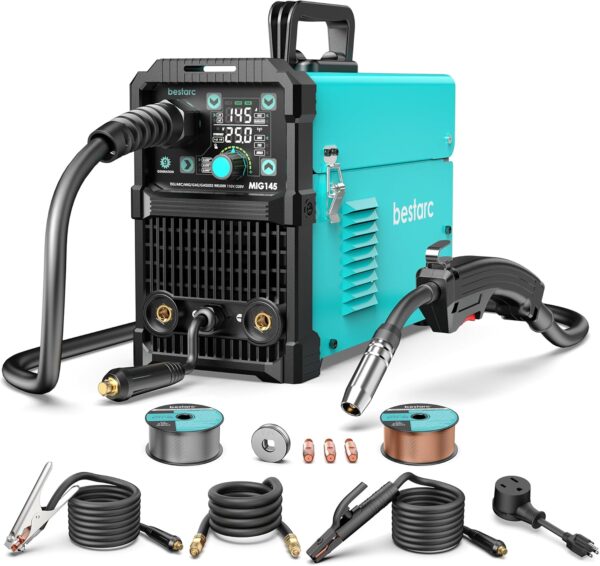 145A MIG Welder, 110V/220V Dual Voltage Gas/Gasless Flux Core MIG Welder/Lift TIG/Stick 3 in 1 Synergic MIG145 9GEN Welding Machine, Flux/Solid Welder Digital Screen Display - Image 2