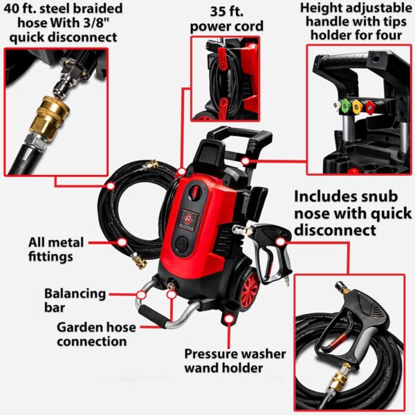 Electric Pressure Washer 2.0, Powerful 1.4 GPM 2000 PSI Car Pressure Washer Sprayer, Snub Nose & Tip Attachment, Use,Car Soap, Patio Boat RV Motorcycle Car Garage Deck Adam's Polishes - Image 3