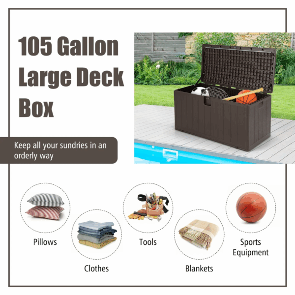 105 Gallon Deck Box, Extra Large Resin Storage Box with Lockable Lid for Cushions & Patio Furniture - Image 2
