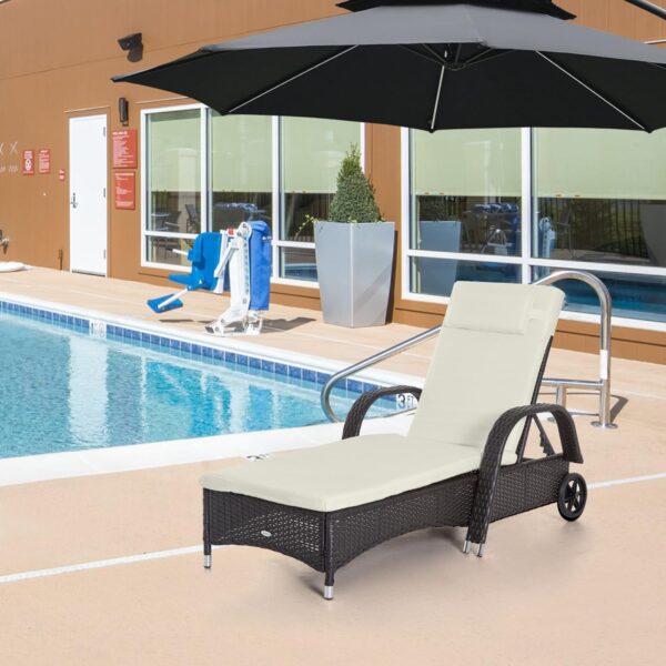 Outdoor Chaise Lounge, 5-Level Adjustable Backrest PE Rattan Pool Lounge Chair with Wheels, Cushion & Headrest, Brown and Dark Blue - Image 2