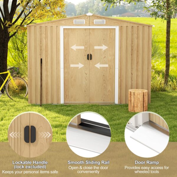 8' x 6' Woodgrain Outdoor Storage Shed, Galvanized Metal Tool House Organizer w/Base Floor, 4 Vents - Image 6