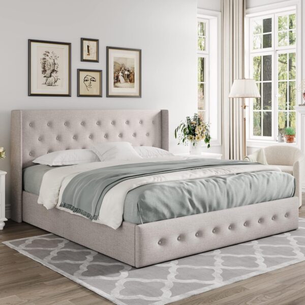Queen Size Lift Up Storage Bed, Modern Wingback Headboard, Hydraulic Support, No Box Spring Needed, Light Beige - Image 3