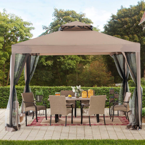 10 x 10 Foot Hampton Soft Top Steel Gazebo with Mosquito Netting, Brown - Image 9