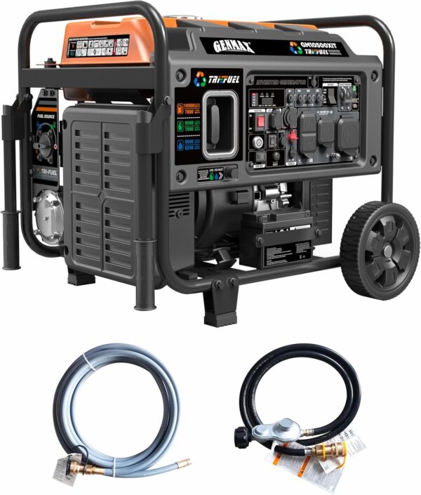 Peak Watt Tri Fuel Open Frame Inverter Generator,with ATS,Quiet Technology,CO Sensor,digital display and 50A,Ideal for Home backup,contruction site and RV Camping (GM10500XiT)