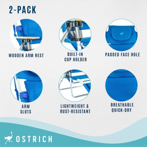 Ostrich Deluxe 3N1 Lightweight Outdoor Lawn Beach Lounge Chair w/ Footrest, Blue - Image 3