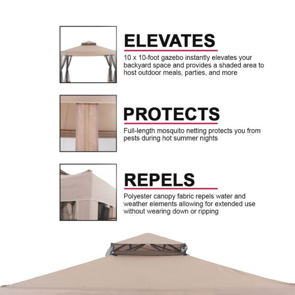 10 x 10 Foot Hampton Soft Top Steel Gazebo with Mosquito Netting, Brown - Image 8