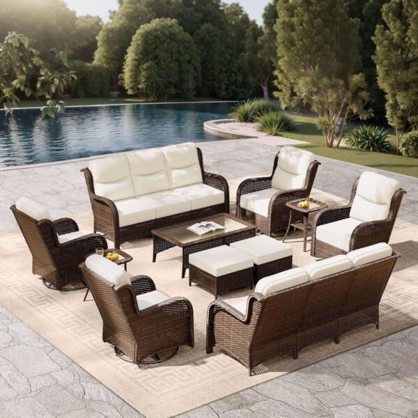 Outdoor Swivel Rocker Patio Chairs with 6-Inch Thick Cushions and Side Table, 3PCS High Back Wicker Patio Furniture Set for Porch, Balcony, Deck and Yard in Blue - Image 5