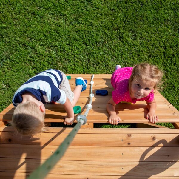Mount Mckinley Cedar Wood Swing Set with Wave Slide, Play Deck, Double Rock Wall, Rope Ladder, Web Swing, Belt Swings, Toy Telescope, Steering Wheel, Sandbox Area, Outdoor Playset - Image 4