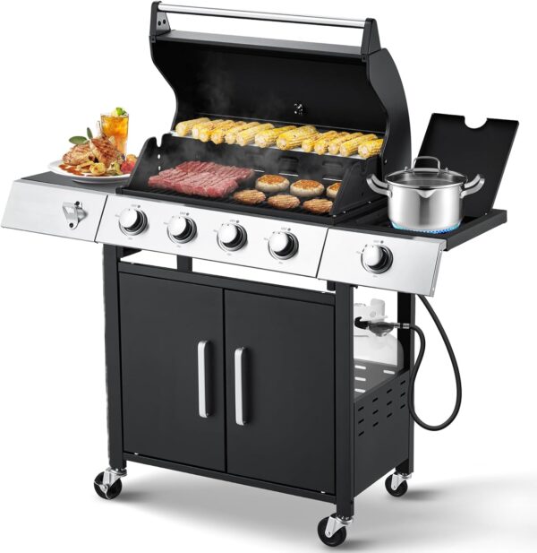 Upgraded 4 Burner BBQ Propane Gas Grill with Cast Iron Grates & Side Stove, 44,000 BTU Stainless Steel Burner Barbecue Grill for Patio, Camping, Outdoor Cooking MELLCOM - Image 11