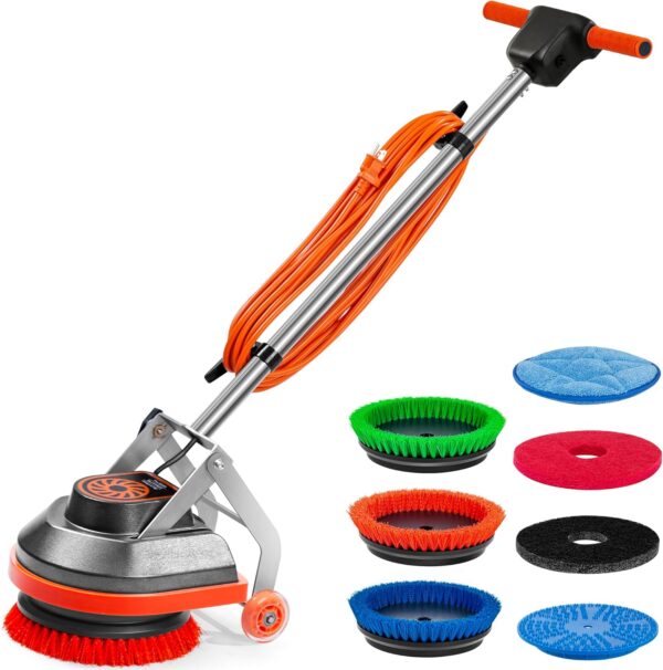 Floor Scrubber Machine with Brushes and Pads, Heavy Duty Floor Buffer Polisher and Cleaner- Deep Cleaning Tile and Grout, Hardwood Floors and Carpets without Getting on Hands and Knees
