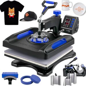 Heat Press 15x15 Inch 8 in 1 Combo with (Tumbler & Hat & Plate) Attachment, 360° Swing Away Tshirt Press Machine Sublimation for Printing T Shirt Mug Hat Plate Cap, Blue