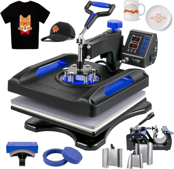 Heat Press 15x15 Inch 8 in 1 Combo with (Tumbler & Hat & Plate) Attachment, 360° Swing Away Tshirt Press Machine Sublimation for Printing T Shirt Mug Hat Plate Cap, Blue