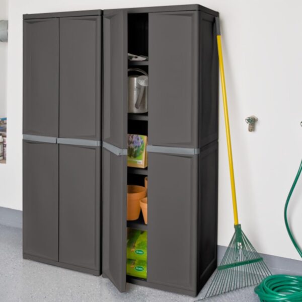 Storage Cabinet, Rugged Plastic Garage Organizer with Double Doors, 4 Adjustable Shelves, Gray - Image 2
