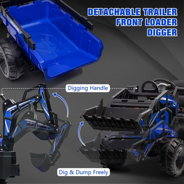 3-in-1 Ride-On Tractor, 24V Electric, Excavator & Bulldozer, Remote Control, LED, Music, USB/Bluetooth max 66 lbs – Bright-blue - Image 23