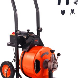 Drain Cleaner Machine 100FT x 1/2Inch, Auto Feed Sewer Snake Auger with 4 Cutter & Air-activated Foot Switch for 1" to 4" Pipes, Orange, Black