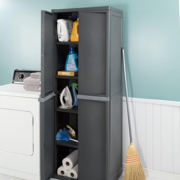 Storage Cabinet, Rugged Plastic Garage Organizer with Double Doors, 4 Adjustable Shelves, Gray - Image 6