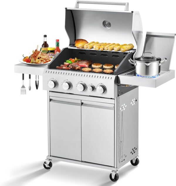 Upgraded 4 Burner BBQ Propane Gas Grill with Cast Iron Grates & Side Stove, 44,000 BTU Stainless Steel Burner Barbecue Grill for Patio, Camping, Outdoor Cooking MELLCOM - Image 6