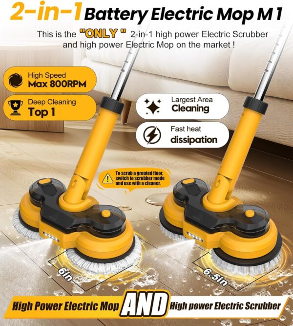 6000mAh Battery Electric Mop M1, 800RPM Cordless Electric Power Scrubber & Mops for Floor Cleaning, Best Automatic Spin Mops with Smart Display,Rotating Mop with LED Light & Water Spray-qimedo - Image 2