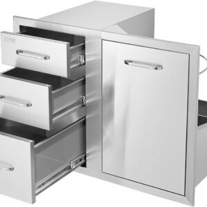 Pull Out Trash Drawer 13.4"W x 25.7"H x 19.6"D Lower Sliding Rails Stainless Steel Roll Out Trash Bin Pull Out Tray Outdoor Kitchen Trash Drawer with Handle for BBQ Island Grill Station