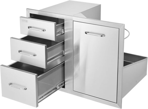 Pull Out Trash Drawer 13.4"W x 25.7"H x 19.6"D Lower Sliding Rails Stainless Steel Roll Out Trash Bin Pull Out Tray Outdoor Kitchen Trash Drawer with Handle for BBQ Island Grill Station