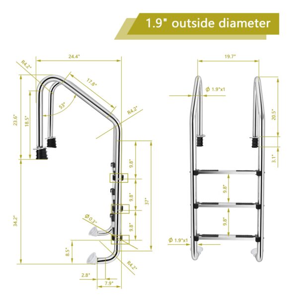 Swimming Pool Ladder, 3-Step In-Ground Stainless Steel Step for Indoor/Outdoor Pool - Image 9