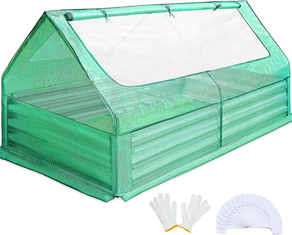 Raised Garden Bed with Cover Outdoor Galvanized Metal Planter Box Kit, w/ 2 Large Screen Windows Mini Greenhouse 20pcs T Tags 1 Pair of Gloves Included for Growing Vegetables 6x3x1ft (Clear) - Image 2