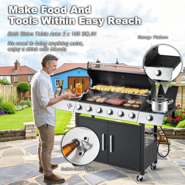 Upgraded 4 Burner BBQ Propane Gas Grill with Cast Iron Grates & Side Stove, 44,000 BTU Stainless Steel Burner Barbecue Grill for Patio, Camping, Outdoor Cooking MELLCOM - Image 14