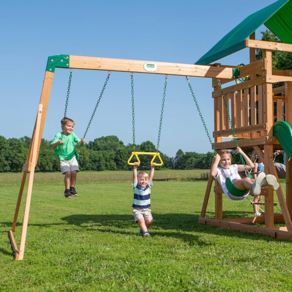 Mount Mckinley Cedar Wood Swing Set with Wave Slide, Play Deck, Double Rock Wall, Rope Ladder, Web Swing, Belt Swings, Toy Telescope, Steering Wheel, Sandbox Area, Outdoor Playset - Image 7