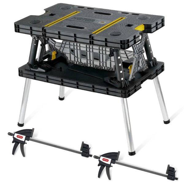 Portable Folding Table Tool Storage Stand Workbench Sawhorse w/ 12" Clamps - Image 2