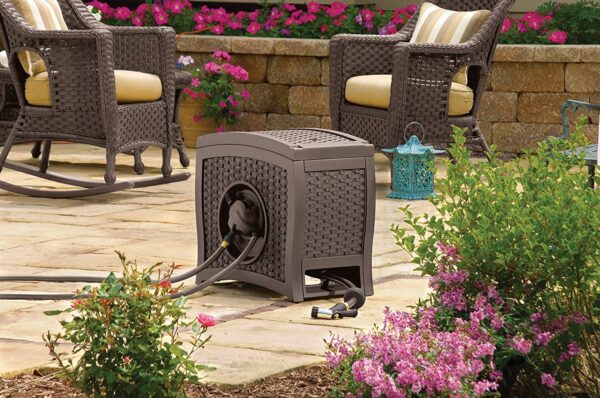Suncast Aquawinder 125′ Wicker Garden Hose Reel – Lightweight Portable Hands – Free Water Powered Retractable Hose Reel – Java - Image 2