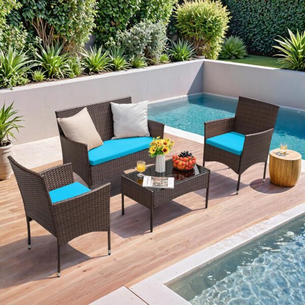4 Pieces Patio Rattan Chair Wicker, Outdoor Indoor Use Backyard Porch Garden Poolside Balcony Furniture Sets (Red) - Image 3
