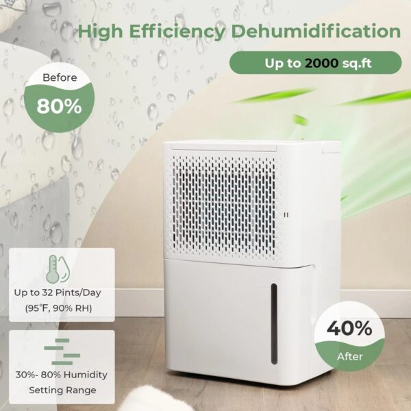 Dehumidifier for Basement, 2000 Sq. Ft 32 Pint Quiet & Energy Efficient Dehumidifier w/Continuous/Drying/Auto Mode - Image 4