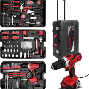 Home Tool Set Kit - 286 PCS Home Auto Repair Tool Kit with Rolling Tool Box, Mechanic Tool Sets with 21V Max Cordless Power drill, Perfect for Homeowner, Diyer, Handyman