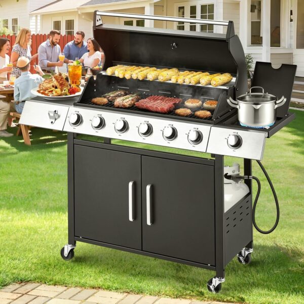 Upgraded 4 Burner BBQ Propane Gas Grill with Cast Iron Grates & Side Stove, 44,000 BTU Stainless Steel Burner Barbecue Grill for Patio, Camping, Outdoor Cooking MELLCOM - Image 3